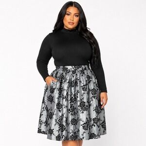 Geode Womens 4X Silver Black Floral Brocade A-Line Skirt Metallic Special Event